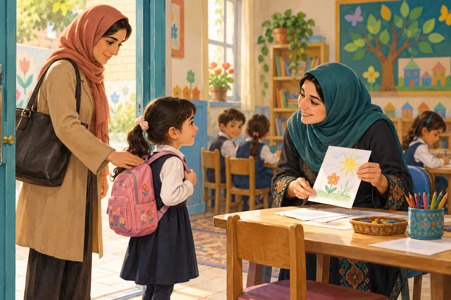 استقبال مربی از کودک در کلاس با همراهی والد